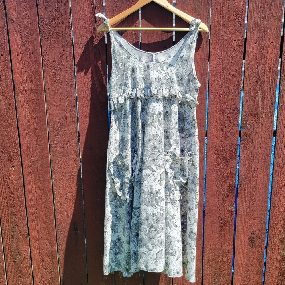 VTG Cottagecore Floral Ruffled bodice Pockets Tie Shoulder Midi House Dress Sz L
